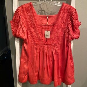 Free People Embroidered V-Neck Women’s Top — Deep Coral Pink